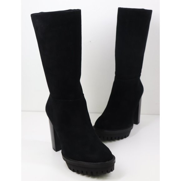 NWT Vince Camuto Eshitana Platform Boot Suede Mid Calf Lugged Sole Heels Black 8 - Picture 6 of 9